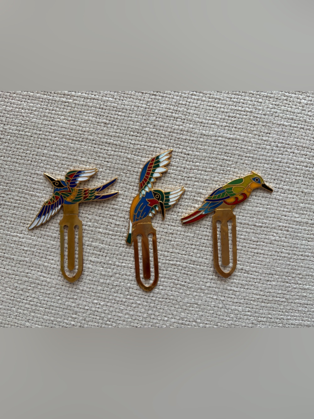 Set of 3 Colorful Enamel Bird Bookmark Clips - Gold Tone